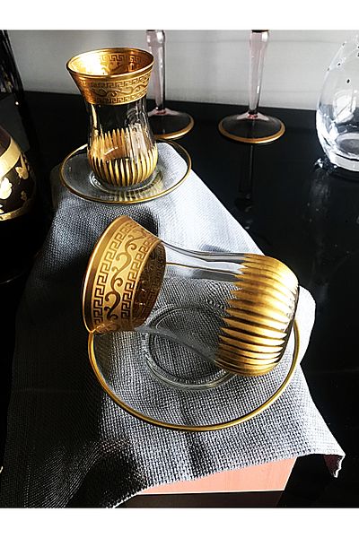 DECOSTYLE Ajda Tea Set for 6 People with Gold Decor Plate 165 Cc