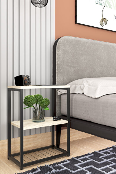 interGO Metal Ayaklı ve Ahşap Raflı Dekoratif Komodin