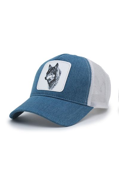 Trucker Wolf 2 Model Interchangeable Emblem Mesh Cap Denim White