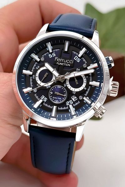 Ferrucci Men's Wristwatch Navy Leather Cord Functions Active Rose Steel Case