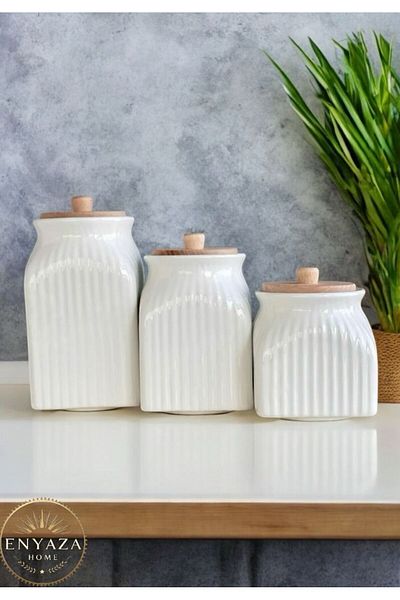 ENYAZA(2024) 3 Size Bamboo Vacuum Striped Porcelain Tea Candy Coffee Jar 3-Piece Storage Set 1000Ml,750Ml,500M