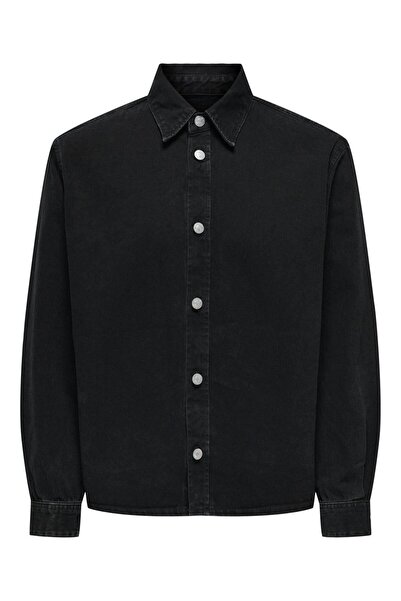 Only & Sons Erkek Regular Fit Uzun Kollu Siyah Denim Gömlek – %100 Pamuk