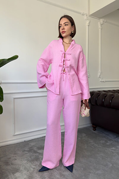 MAGARDE Set de muselină cu panglică în față - ROZ