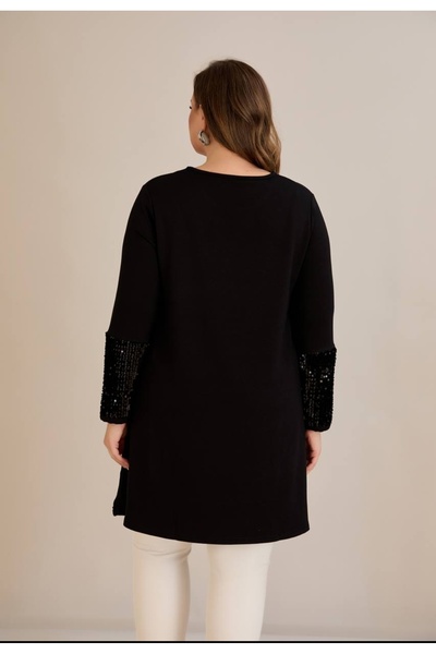 Serra Women's Large Size Sleeve and Single Sequin Detailed Relaxed Cut Tunic