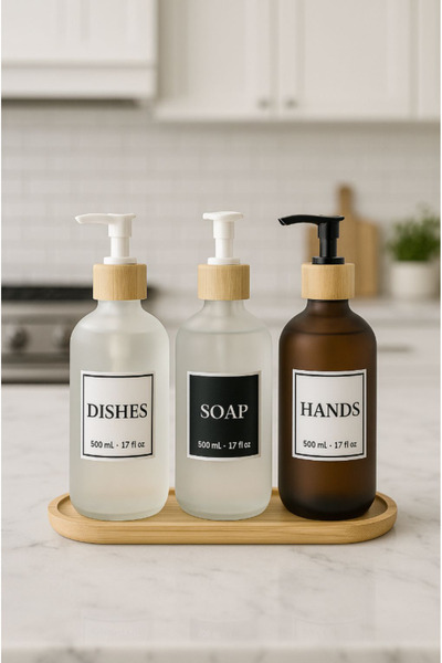 AYGÖREN HOME Set of 3 Glass Soap Dishes with Labels and Base and Bamboo Lid 500 ml