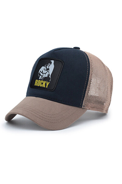 Trucker Rocky Model Interchangeable Emblem Mesh Cap Brown Navy Blue