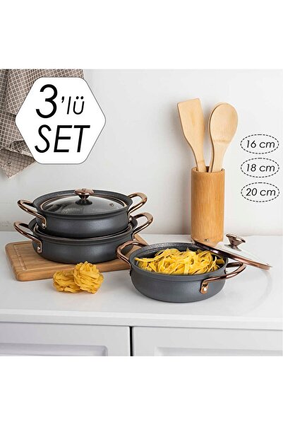 OMS 3724 - 6 Parça, Bio Granit, Sağlıklı, Bakraç Model Sahan Seti Antrasit Gö...