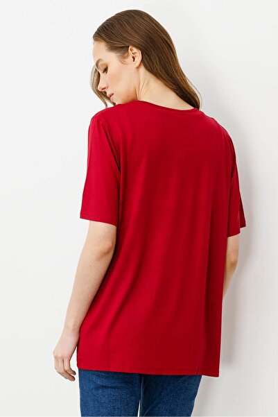 Desen Triko Women's Stone Printed Zipper Accessory Combed Cotton T-Shirt Red