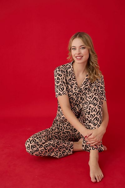 Lavint Homewear Heart Patterned Cotton Lycra Buttoned Pajama Set
