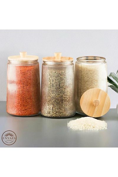 ENYAZA(2024) 3-Piece Bamboo Vacuum Lid Striped Glass Tea Sugar Coffee Salt Pulses Storage Jar 1800 ml