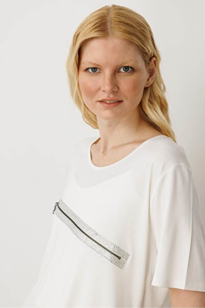 Desen Triko Women's Stone Printed Zipper Accessory Combed Cotton T-Shirt Bone