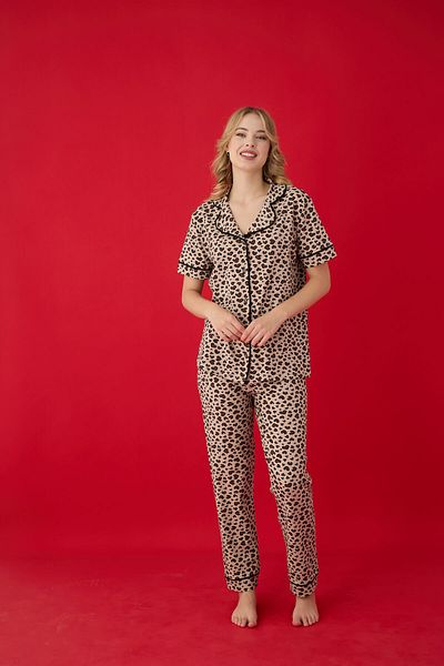 Lavint Homewear Heart Patterned Cotton Lycra Buttoned Pajama Set