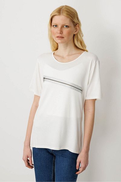 Desen Triko Women's Stone Printed Zipper Accessory Combed Cotton T-Shirt Bone