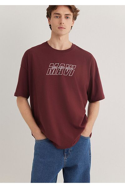 Mavi Bedrucktes burgunderfarbenes T-Shirt in Übergröße / Weit geschnitten 0611827 -70396