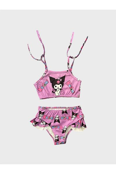 ALİŞ KİDS Girl's Lilac Kuromi Patterned 3-Piece Bikini Set with Bag