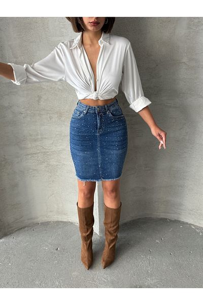ADA MODA Fusta din denim elastic accesorizata cu strasuri