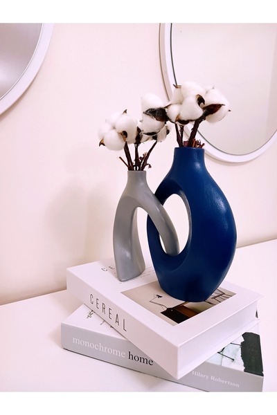 Home 2'li Sarmaşık Sevgili Vazo, Mumluklu Vazo Set, Modern Tasarım Dekoratif Obje (LACİVERT-GRİ)