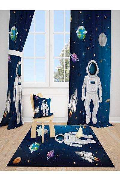 dekomingo Astronaut Planet Children's Room 2 Wing Background Curtain