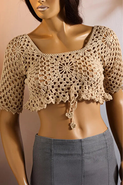 Talinhandmade El Örgüsü Bej Kısa Kollu Crop