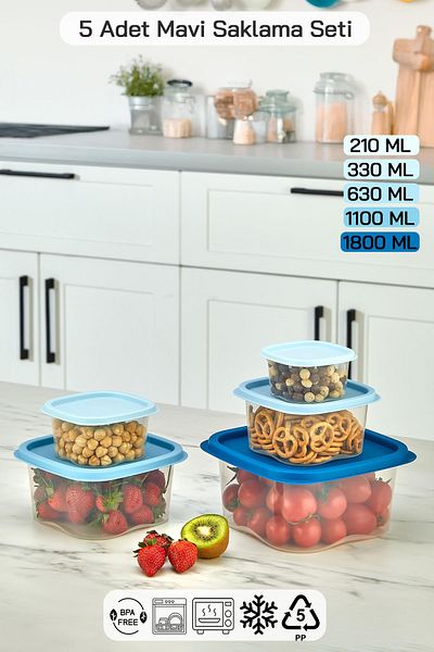 HOMENIVA 5 Size Square Storage Container Set - Storage Container Suitable for Microwave and Deep Freezer