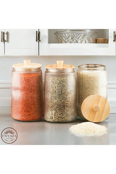 ENYAZA(2024) 3-Piece Bamboo Vacuum Lid Striped Glass Tea Sugar Coffee Salt Pulses Storage Jar 1800 ml