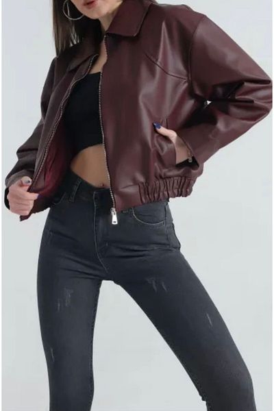OYERGA MODA Women's Elastic Waist Leather Jacket