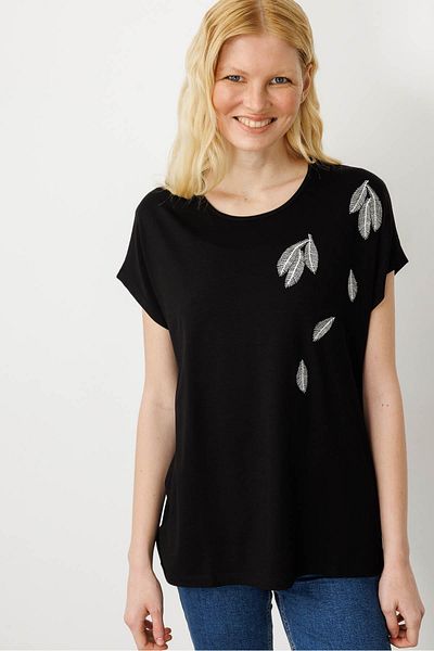 Desen Triko Tricou de damă cu decolteu în formă de piatră din bumbac pieptănat negru