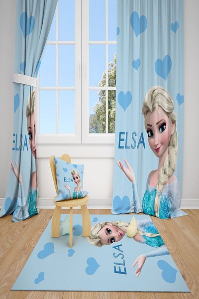 dekomingo Blue Heart Girl Character Patterned Baby and Children's Room Background Curtain 2 Wings