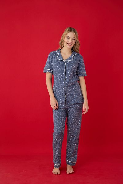 Lavint Homewear Star Patterned Cotton Lycra Buttoned Pajama Set