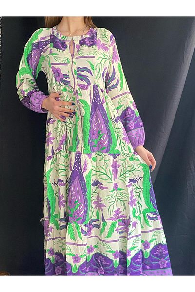 OlaLady Women's Viscose Fabric Long Sleeve Patterned Loose Dress