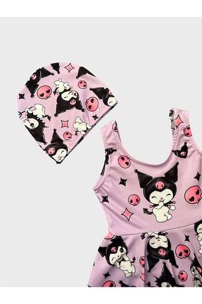ALİŞ KİDS Girl's Lilac Kuromi Patterned Bonnet Skirt Swimsuit