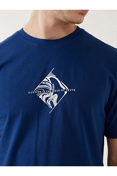 LC Waikiki Ανδρικό μπλουζάκι με κοντό μανίκι Navy Blue Crew με εμπριμέ χτενισμένο βαμβάκι