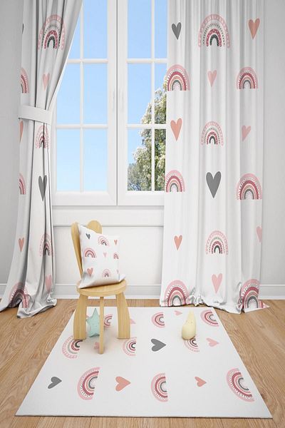 dekomingo HEARTED POWDER RAINBOW BABY AND KIDS ROOM PHONE CURTAIN 2 WINGS