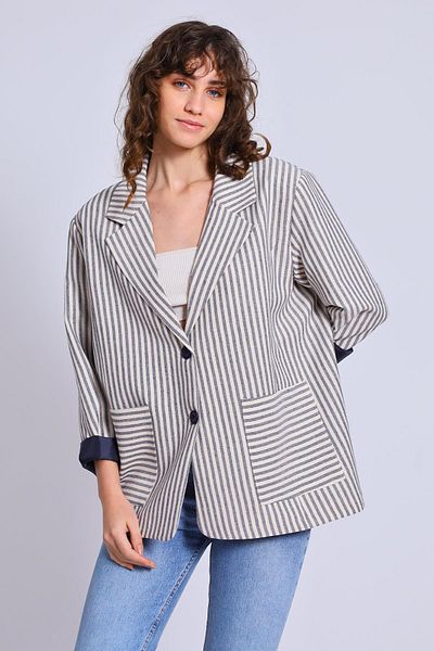 TENA Γυναικείο λινό μπουφάν Stone-Navy Blue ριγέ