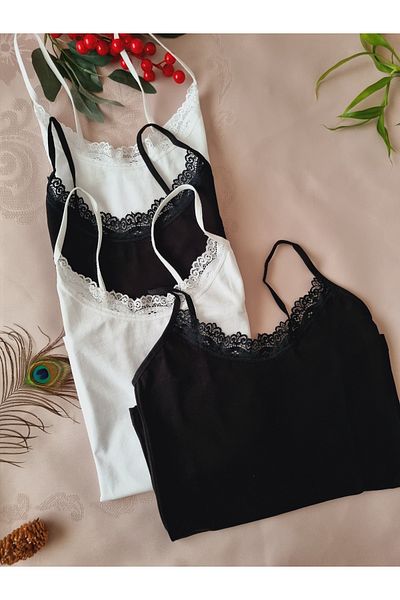 Demirsa Boutique Women's Thin Lace Rope Strap Lycra 4-Piece Combed Cotton Undershirt (2 Black, 2 White)