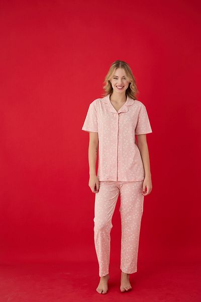 Lavint Homewear Floral Patterned Buttoned Cotton Lycra Pajama Set