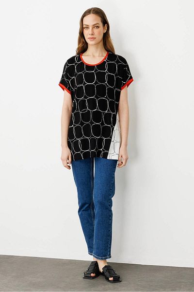 Desen Triko Women's Yellow Banded Combed Cotton T-Shirt with Collar and Sleeves Ecru/Black