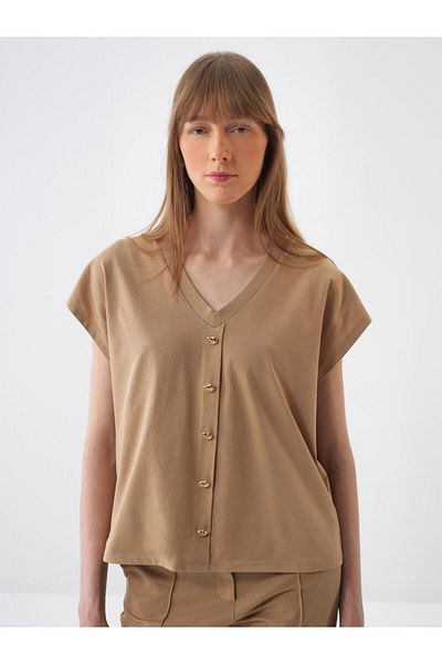 Xint Women's Camel Oversize Cotton Blouse