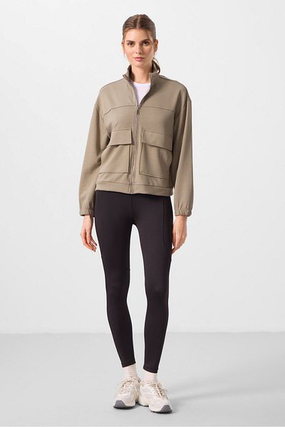 TOMMY LIFE Σκούρο μπεζ μαλακή υφή Oversize φούτερ Cargo Pocket Crop Top - 97301