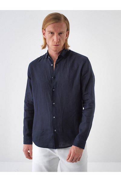 Xint Men's Navy Blue Regular Fit Linen Shirt