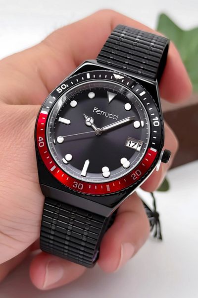 Ferrucci Men's Wristwatch with Calendar Black Color Strap Blue Black Case Color