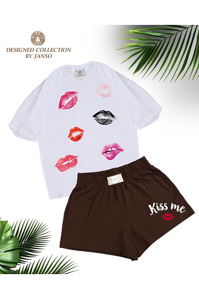 JANSO GROUP - Women's Kiss Printed Short Sleeve Tshirt-Shorts Set 2 Pieces Large Size Oversize