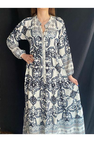 OlaLady Women's Viscose Fabric Long Sleeve Patterned Loose Dress