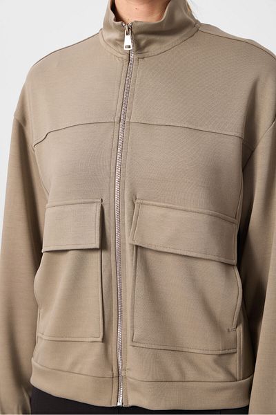 TOMMY LIFE Σκούρο μπεζ μαλακή υφή Oversize φούτερ Cargo Pocket Crop Top - 97301