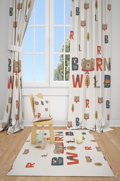 dekomingo BORN WILD BEAR PATTERNED DOUBLE WINGS CHILDREN'S ROOM PHONE CURTAIN