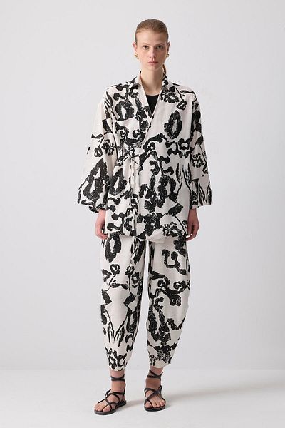 Touché Privé Linen Textured Patterned Kimono Pants Set