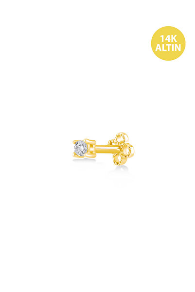 KURSHUNI Tek Taş (2mm 4 Tırnak), 14 AyarAltın Kıkırdak Küpe/Piercing (TEK Satılır) Bar Uzunluğu:6,5 mm