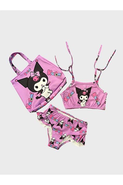 ALİŞ KİDS Girl's Lilac Kuromi Patterned 3-Piece Bikini Set with Bag