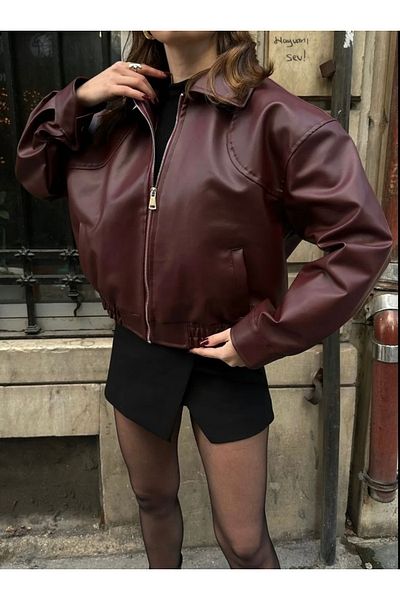 OYERGA MODA Women's Elastic Waist Leather Jacket