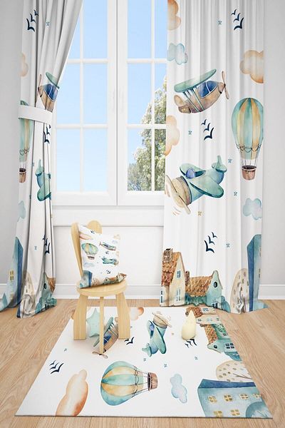 dekomingo City Balloon and Airplane Children's Room 2 Wing Background Curtain